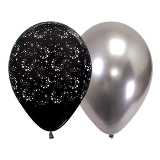 Black Sparkling Stars & Reflex Silver Balloons | Space Party Supplies NZ