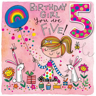 Rachel Ellen | Girl with Rabbits & Balloon 5th Birthday Card | 5th Birthday Party Supplies NZ