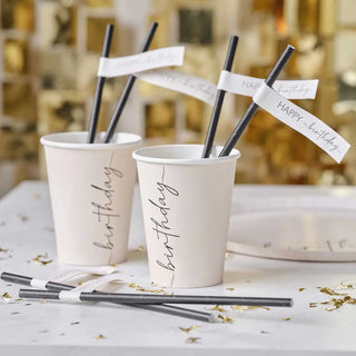 Ginger Ray | Nude & Black Happy Birthday Paper Straws | Black Party Supplies NZ