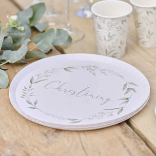 Ginger Ray | White & Green Christening Plates | Christening Supplies NZ