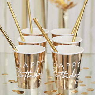 Ginger Ray | Gold Happy Birthday Cups | Gold Party Supplies NZ