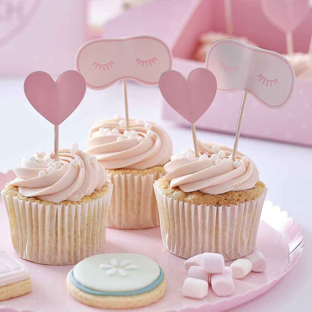 Ginger Ray Pink Eye Mask & Heart Pamper Party Cupcake Toppers NZ