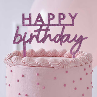Ginger Ray | Pink Glitter Acrylic Happy Birthday Cake Topper | Pink Party Supplies NZ