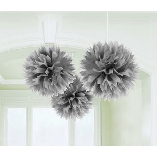 Silver Tissue Pom Pom Decorations - 3 Pkt