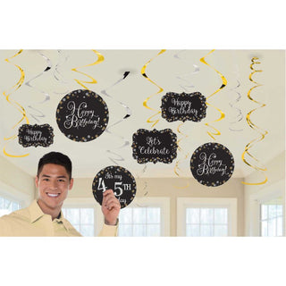 Sparkling Black Add Any Age Birthday Swirl Decorations - 12 Pkt