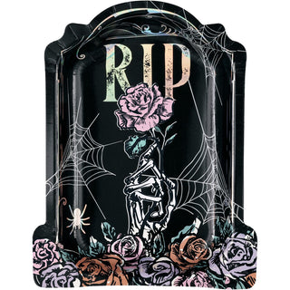 Floral Skulls Foil Stamped Tombstone Plates - 8 Pkt