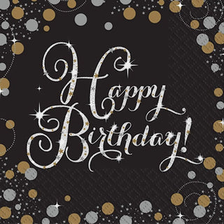 Sparkling Black Happy Birthday Napkins - Lunch 16 Pkt