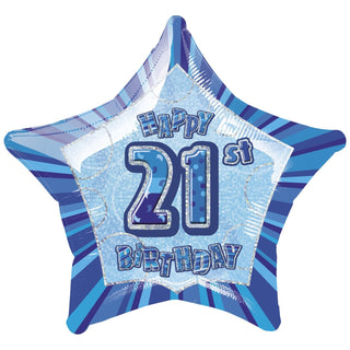 Happy 21st Birthday Prismatic Blue Star Foil Balloon | 21st Birthday Party Supplies NZ