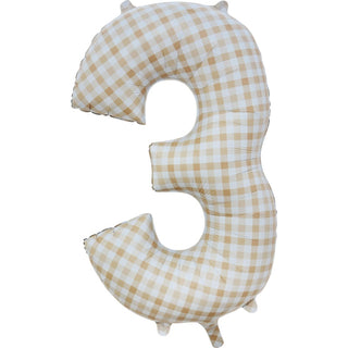 Giant Beige Gingham Number 3 Foil Balloon | 3rd Birthday Party Supplies NZ