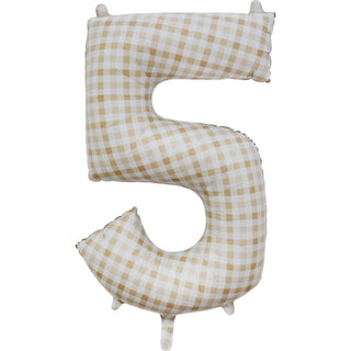 Giant Beige Gingham Number 5 Foil Balloon | 5th Birthday Party Supplies NZ