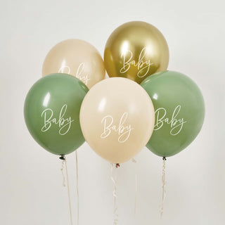 Hootyballoo | Baby Shower Sage, Nude & Gold Balloons | Baby Shower Balloons NZ