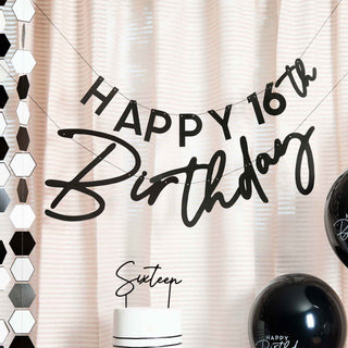 Monochrome Party Black Happy Birthday Customisable Banner | Black Party Supplies NZ