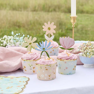 Ditsy Floral Tea Party Cupcake Holder & Topper Kit - 12 Pkt