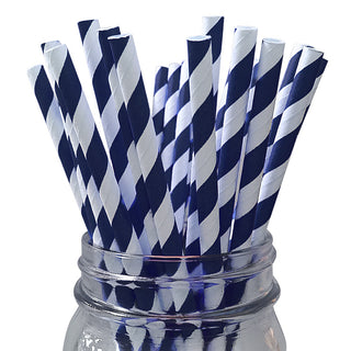Navy Blue Striped Paper Straws - 25 Pkt