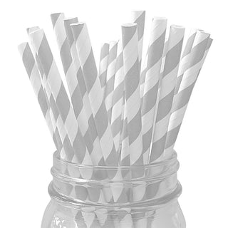 Matte Silver Striped Paper Straws - 25 Pkt