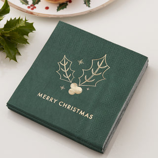 Ginger Ray Green Merry Christmas Cocktail Napkins - 16 Pkt