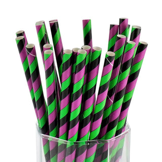 Black, Green & Purple Striped Paper Straws - 25 Pkt