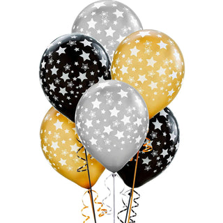 Black Gold & Silver Stars Balloons - 10 Pkt