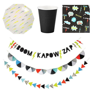 Meri Meri | Superheroes Zap! Party Essentials for 8 | Superhero Party Supplies NZ