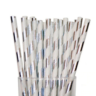 Metallic Silver Stripe Paper Straws - 25 Pkt