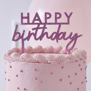 Ginger Ray Pink Glitter Acrylic Happy Birthday Cake Topper | Ginger Ray Pink Glitter Acrylic | Acrylic Happy Birthday Cake Topper | NZ Party Supplies |