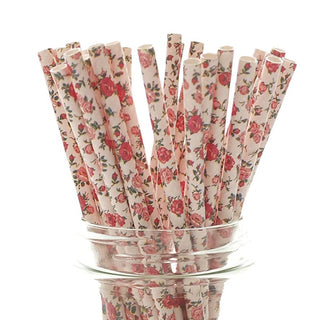 Rose Floral Paper Straws - 25 Pkt