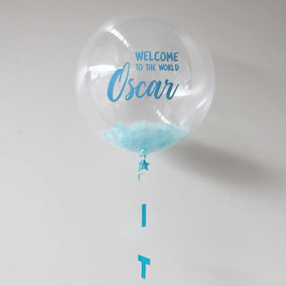 Blue Personalised Feather Welcome to the World Bubble Balloon