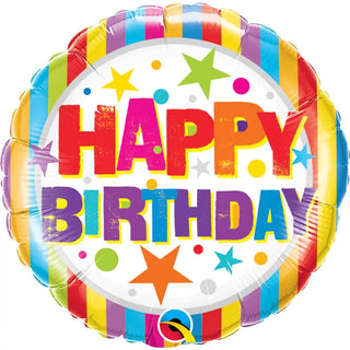 Qualatex | Happy Birthday Stripes and Stars 18" Foil balloon | Rainbow party supplies