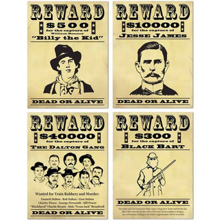 Beistle | western wanted reward cutouts set of 4 | western cowboy party supplies nz