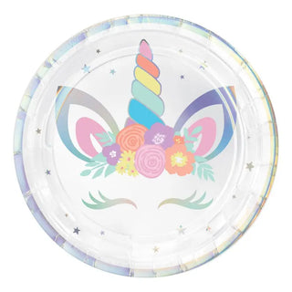 Unicorn Party Iridescent/White & Rainbow  Plates - Lunch