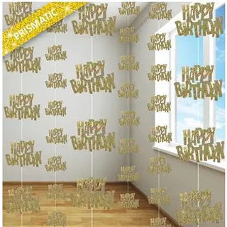 Gold Happy Birthday Hanging Decorations | Black & Gold Party Theme & Supplies | Meteor