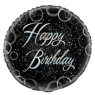 Unique | glitz silver happy birthday 18" foil balloon | black & silver party supplies