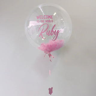 Pink Personalised Feathers Welcome to the World Bubble Balloon