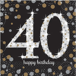 Amscan | Sparkling Black 40th Napkins - Lunch | 40th Party Theme & Supplies 