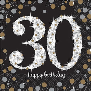 Amscan | Sparkling Black 30th Napkins - Lunch | 30th Party Theme & Supplies 