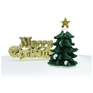 Green Tree Resin Cake Topper & Gold Merry Christmas Motto NZ