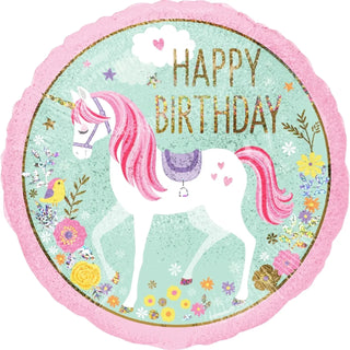 Unicorn Happy Birthday Pink/Gold Round Foil Balloon