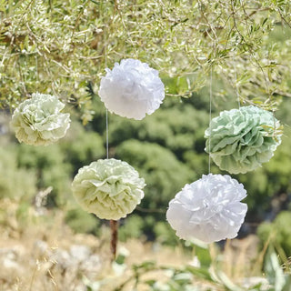 Ginger Ray | Sage & White Pom Pom Decorations | Sage Green Party Supplies NZ