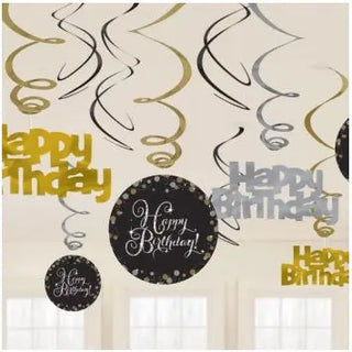 Amscan | Sparkling Black Happy Birthday Swirl Decorations | Black & Gold Party Theme & Supplies