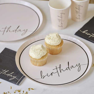 Ginger Ray Nude & Black Happy Birthday Plates | Beige Party Supplies NZ