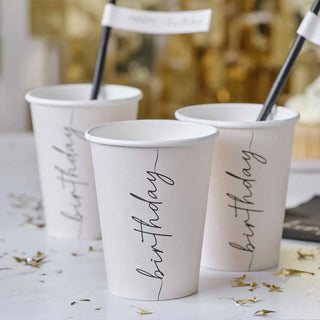 Ginger Ray Nude & Black Happy Birthday Cups | Neutral Party Supplies NZ