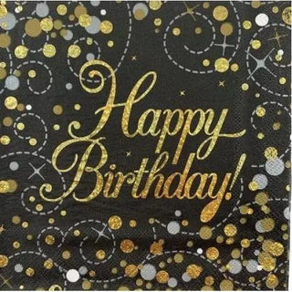 Sparkling Fizz Black & Gold Happy Birthday Napkins 16 Pkt