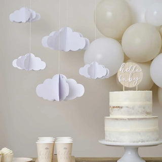 Ginger Ray | White 3D Hanging Cloud Decorations | Baby Shower Supplies NZ