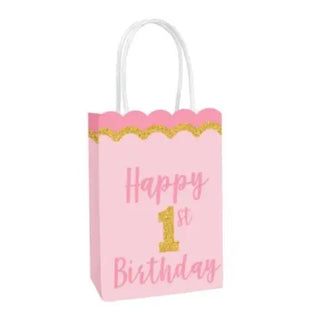 Amscan | Pink 1st Birthday Glittered Paper Party Bag | Pink 1st birthday party supplies NZ